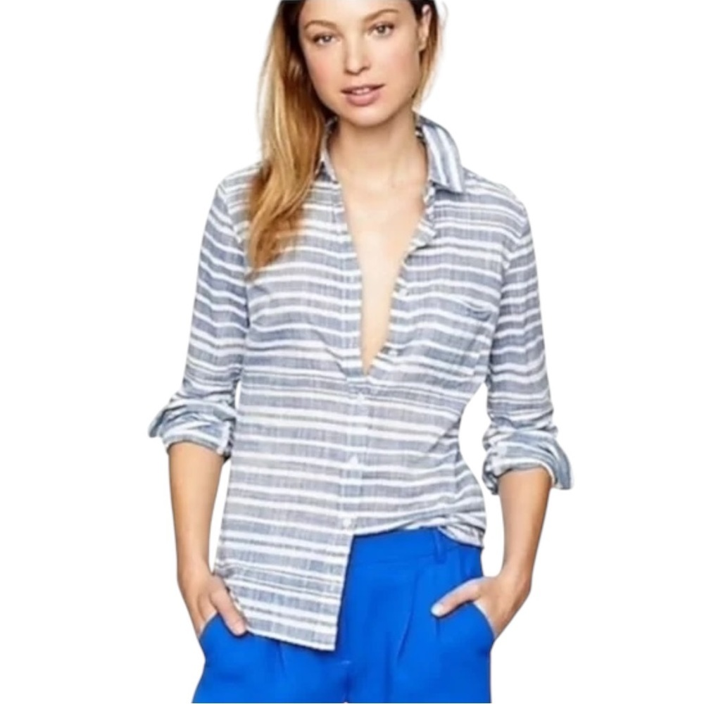 J.Crew Coastal Preppy Cotton Long Sleeve Perfect Fit Shirt Blue White Stripe XL